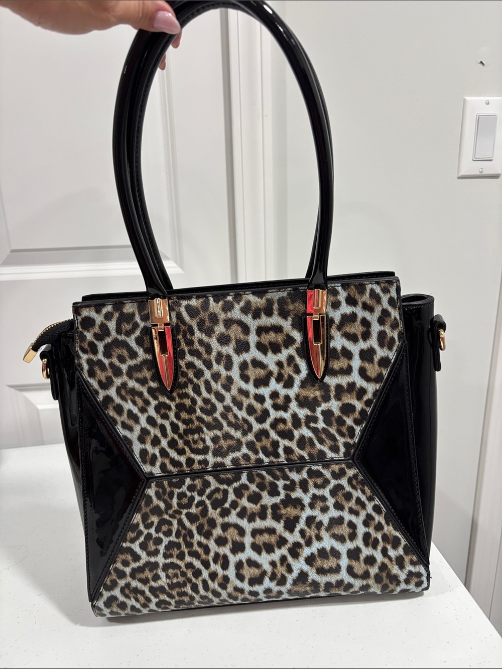 NWOT Leopard Print Tote with Black Patent Accents